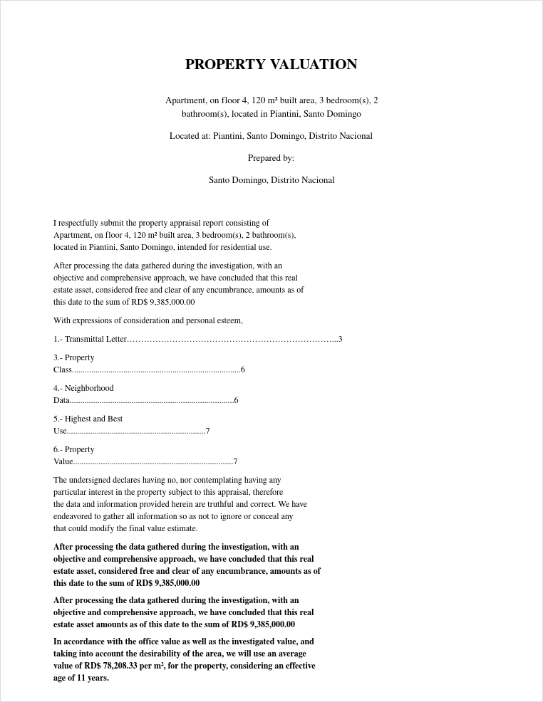 Sample tasación report